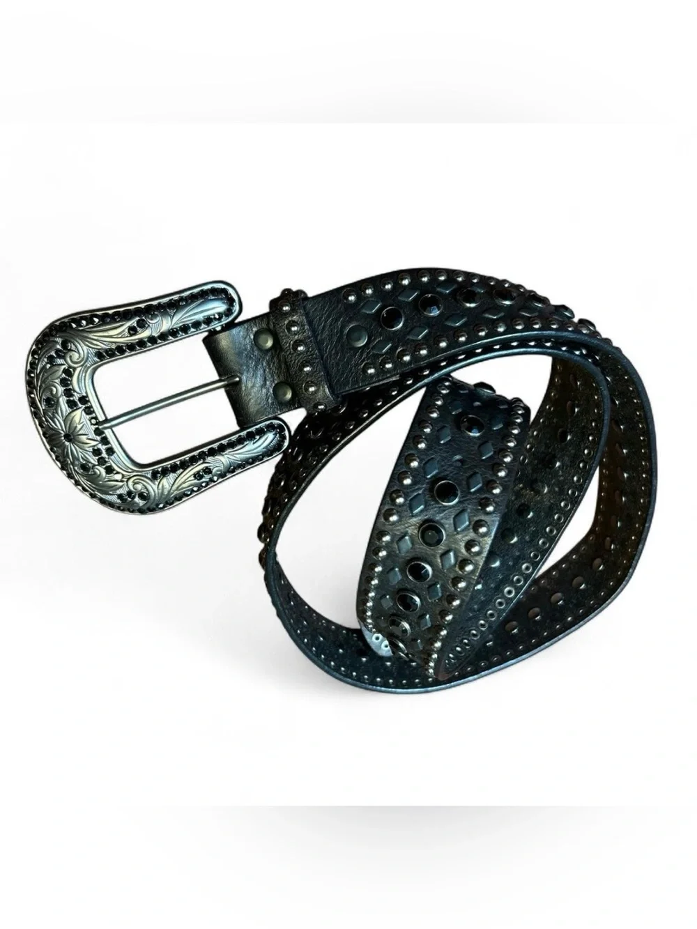 Men's Black Studded Leather Belt with Decorative Silver Buckle